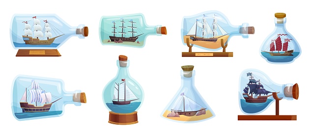 Sailboats in bottles. Miniature models marine ships inside glass bottle with sea water or sand, craft sail boat toy in jar cork for tourist collection ingenious vector illustration