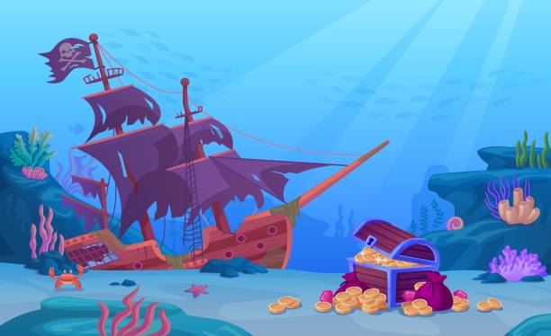 istock Sunken treasure. Sunken ship with pirate treasures chest on ocean bottom, underwater life of coral seabed, undersea adventure game cartoon background, ingenious vector illustration 1605040055
