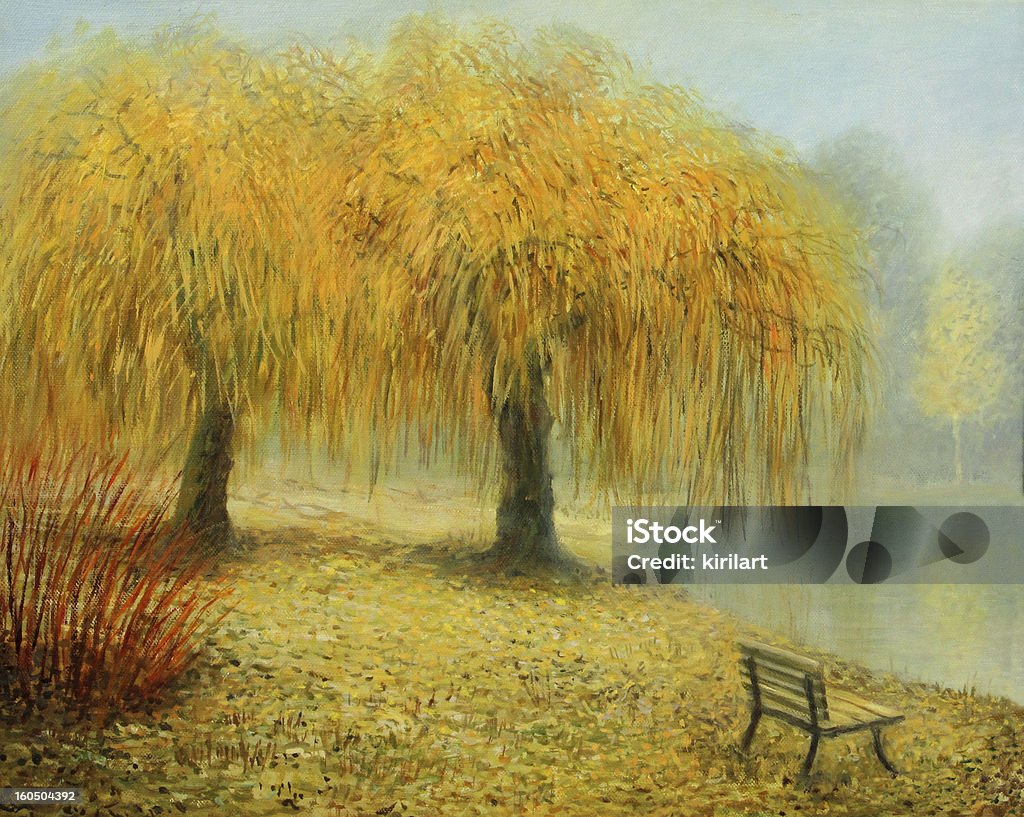 Only The Two of Us An oil painting on canvas of a couple of weeping willows in the park near a lake in an early misty autumn morning, surviving many years together "looking" at the landscape around. Weeping Willow stock illustration