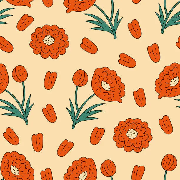 Vector illustration of Red flowers and petals seamless pattern