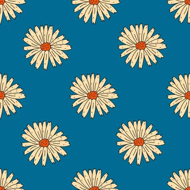 Vector illustration of Hand drawn chamomile seamless pattern in retro style
