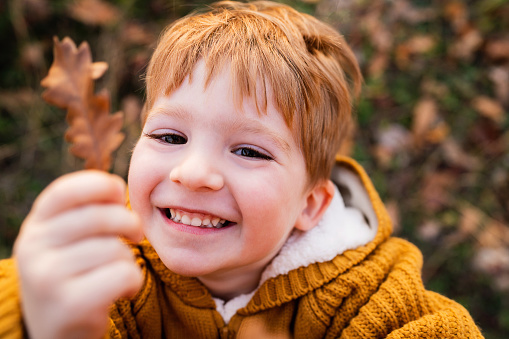 Boy enjoying a carefree autumn day in nature.