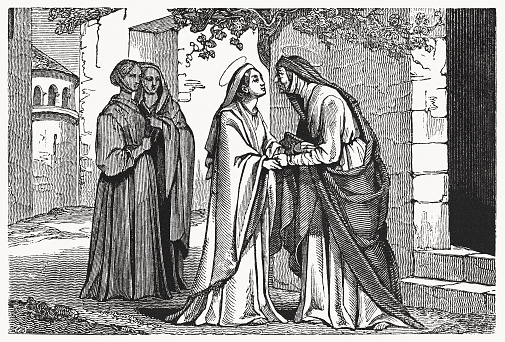 The visitation of Mary to Elizabeth (Luke 1, 39 - 45). Wood engraving, published in 1837.