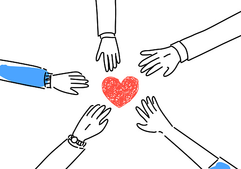 healthcare worker hands united together hand drawing illustration, vector