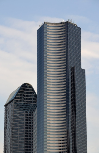 Low angle view of the Columbia Center, the tallest building in Seattle.