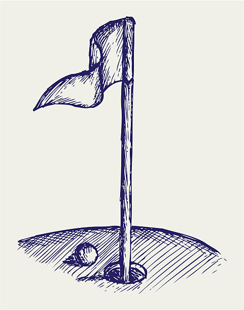 Pencil drawing of golf ball nearing the hole vector art illustration
