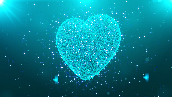 4K 3d heart made of particles. heart rotates motion animation. The sparkling particles create the shape of the heart. Horizontal composition  quality