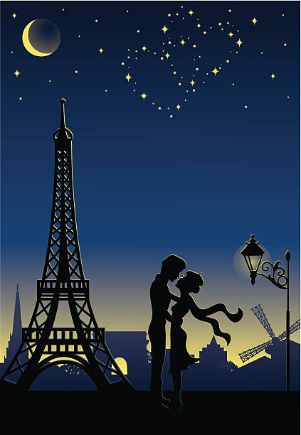 ilustraciones, imágenes clip art, dibujos animados e iconos de stock de silueta de pareja en parís. - valentines day heart shape backgrounds star shape