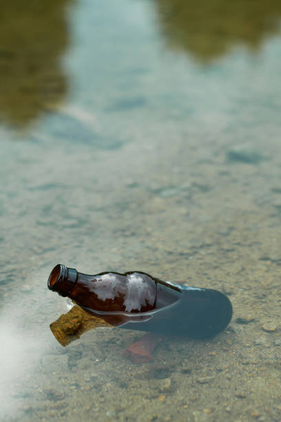 Vertical image of empty bottle in the water of lake