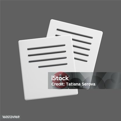 istock 3d paper business document icon isolated on dark background. 3d vector illustration of white paper sheets pages with text and exclamation point notification sign. Important contract agreement render. 1605124969