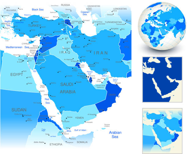 Middle East Map with blue globe and country outlines Middle East Map with blue globe and country outlines israel egypt border stock illustrations