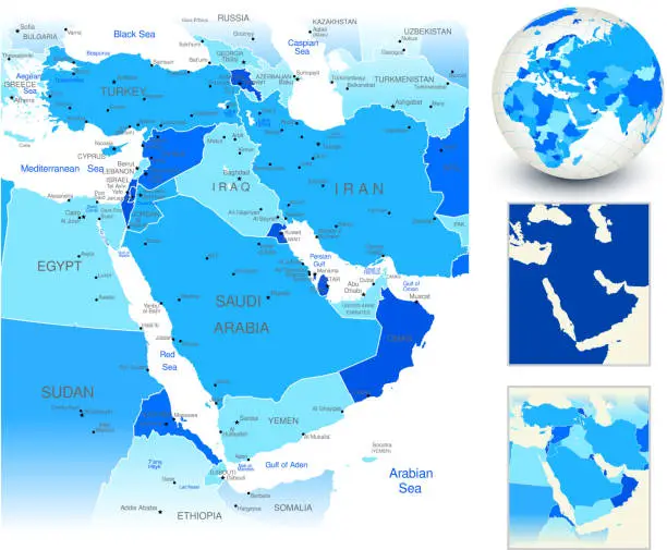 Vector illustration of Middle East Map with blue globe and country outlines