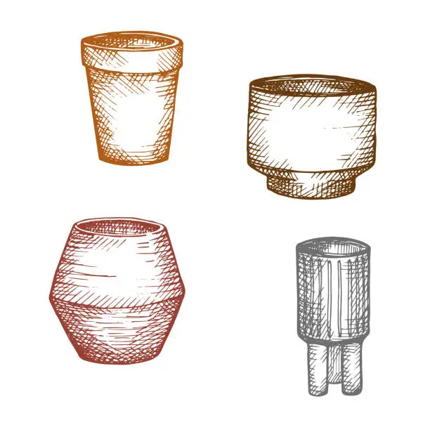 Vector illustration of Ceramic flower pots drawing with engraving, doodle. Hand drawn set with vases on isolated white background, sketch style. Design element for flower shop, pottery, home decor, made crafts clay. Vector