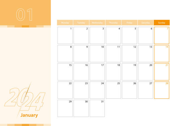 horizontaler planer für januar 2024 in der orangen farbgebung. die woche beginnt am montag. ein wandkalender im minimalistischen stil. - tischkalender stock-grafiken, -clipart, -cartoons und -symbole