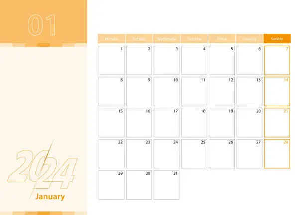 Vector illustration of Horizontal planner for January 2024 in the orange color scheme. The week begins on Monday. A wall calendar in a minimalist style.