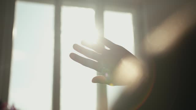 The morning rays of the sun shimmer beautifully around the fingers of the palm of a young girl. Shooting up close in first person