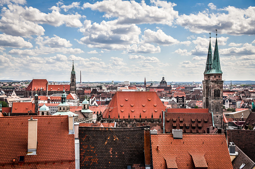 Beautiful Panorama And St. Lorenz Church Seen In Aerial View Of Nuremberg, Germany