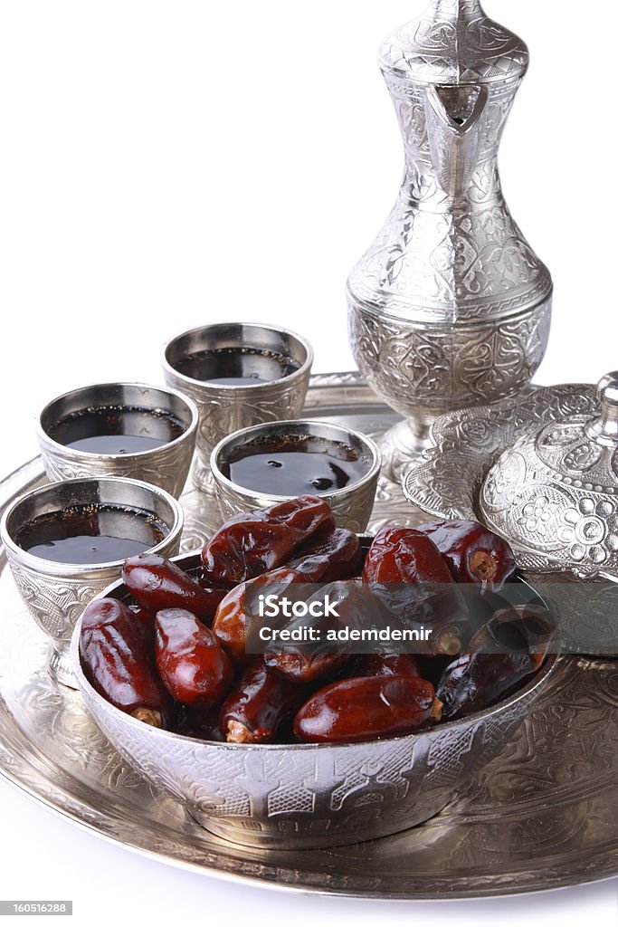 Antique silver pitcher and coffee cup set Antique silver pitcher and coffee cup set with dates in a tray isolated on a white background - vertical. Including clipping path. Antique Stock Photo