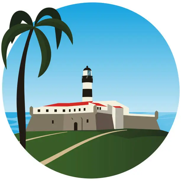 Vector illustration of Salvador Bahia - Panoramic view of Barra lighthouse and Barra beach -  Touristic attraction