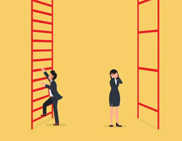 Vector illustration of Gender gap and career problems. Businessman going to climb a ladder While businesswoman stressed standing