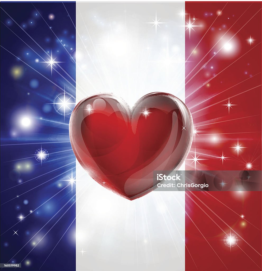 Love France flag heart background Flag of France patriotic background with pyrotechnic or light burst and love heart in the centre. Vector file is eps 10 and uses transparency blends and gradient mesh Abstract stock vector