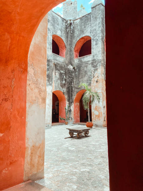 istock Courtyard of a colorful monastery in Mexico 1605200501