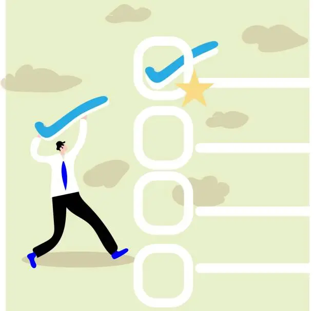 Vector illustration of Project tracking, goal tracker, task completion or checklist to remind project progress concept, businessman project manager holding big tick to check completed tasks in project management timeline.
