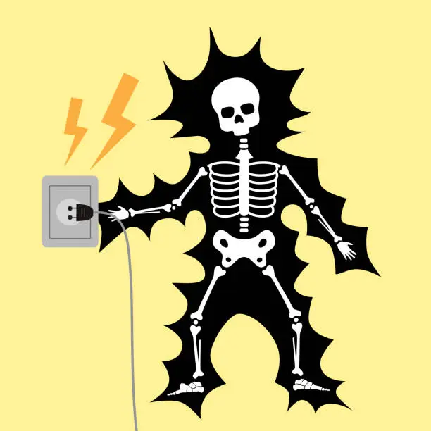 Vector illustration of Man with electric shock in flat design. Electric danger.