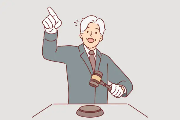 Vector illustration of Man auctioneer holds wooden mallet and points finger at potential buyer named lowest price for item
