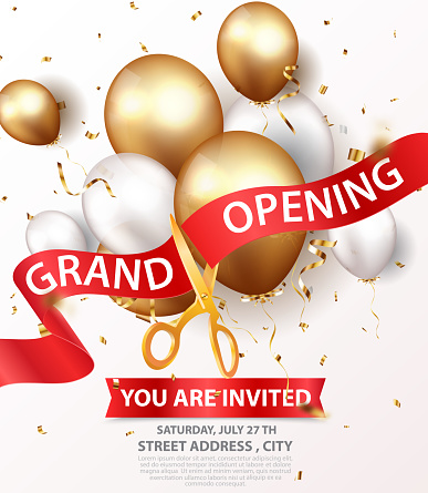 Vector Illustration of Grand opening invitations card design with gold ribbon, confetti and balloons

eps10