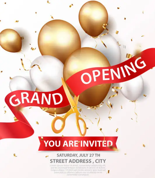 Vector illustration of Grand opening invitations card design with gold ribbon, confetti and balloons