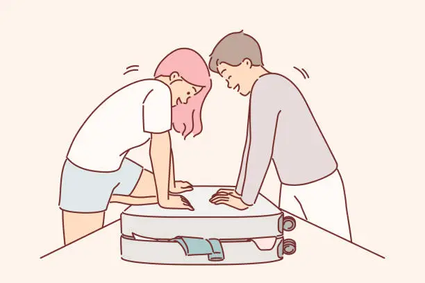 Vector illustration of Couple is packing up luggage for travel and trying to close overstuffed suitcase full of clothes