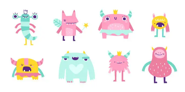 Vector illustration of Set of cute monster girls. Vector collection of girly beasts for kids. Pink doodle monsters bundle for baby girls.