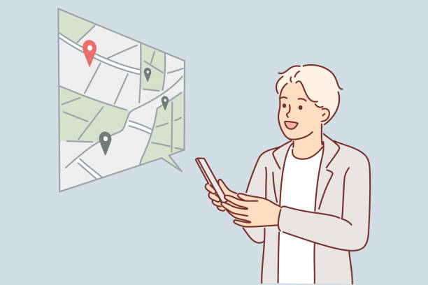 Man uses navigator on phone and builds route on map or looks for location of institution of interest Man uses navigator on phone and builds route on map or looks for location of institution of interest. Guy with mobile navigator is exploring new city or booking place to visit via internet geo locator stock illustrations