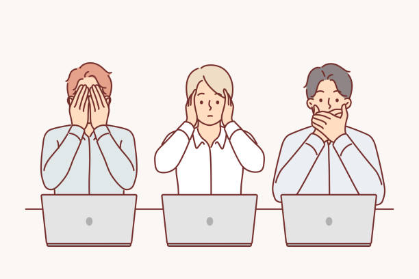 ilustrações de stock, clip art, desenhos animados e ícones de uncoordinated work business people sitting at table with laptops and cover mouths with ears or eyes - uncoordinated