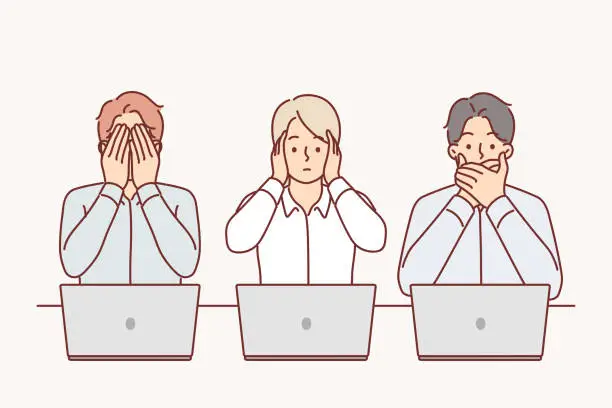 Vector illustration of Uncoordinated work business people sitting at table with laptops and cover mouths with ears or eyes