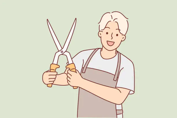 Vector illustration of Man with garden shears in working apron demonstrates tool for trimming branches of bushes and trees