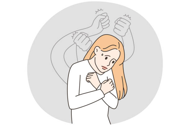 Ghost hands beating scared woman Ghost hands beating unhappy scared stressed woman. Upset female feeling anxiety and stress. Concept of self-harm and self-punishment. Vector illustration. self harm stock illustrations