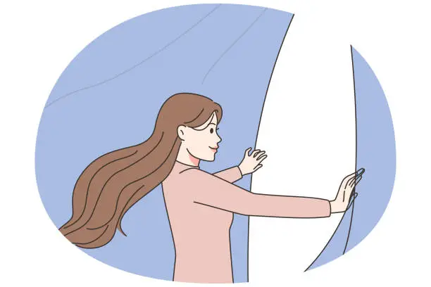 Vector illustration of Woman open curtain to new life