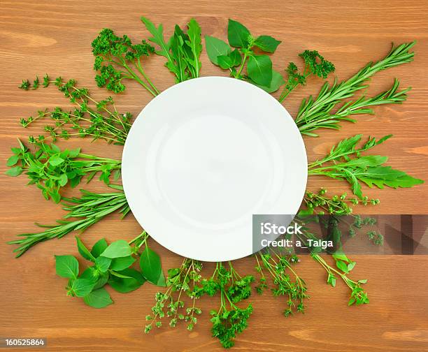 Coleção De Ervas Aromáticas Frescas Como Limite Em Torno De Chapa Branca - Fotografias de stock e mais imagens de Alecrim