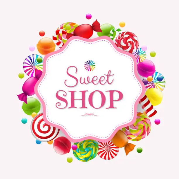 Vector illustration of Candy Shop Label With Sweet Candies