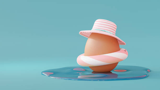 istock Egg wearing hats and Swim rings play in water. 3D Render. 1605278735
