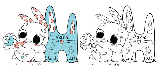 детская раскраска алфавита - буква н - счастливый заяц с морковной соской. раскраска abc для детей с милыми животными. линейная иллюстрация ка - rabbit pets baby rabbit white background stock illustrations