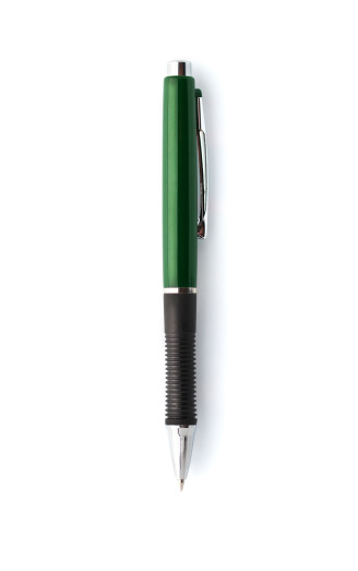Ballpoint pen directly above studio shot on white paper