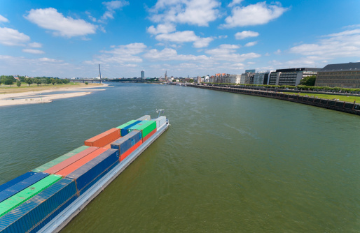 container ship on the Rhine at Dusseldorf, Germany