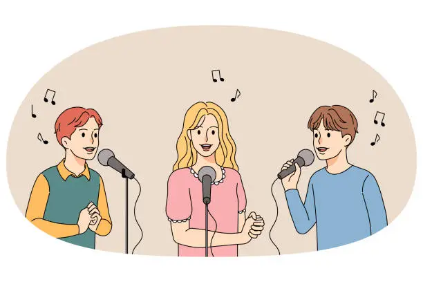 Vector illustration of Happy children singing in microphones