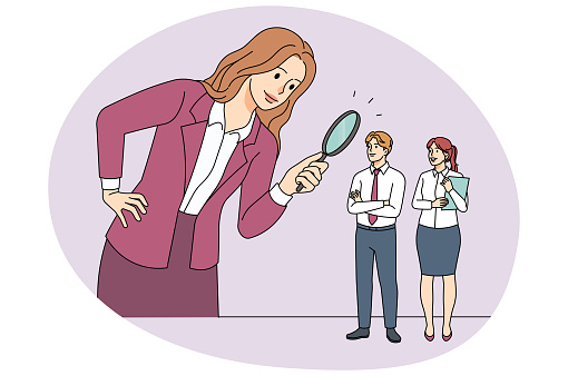 Businesswoman using magnifier looking for job candidates. Female boss with magnifying glass consider candidacy for work vacancy. Employment and hiring. Vector illustration.