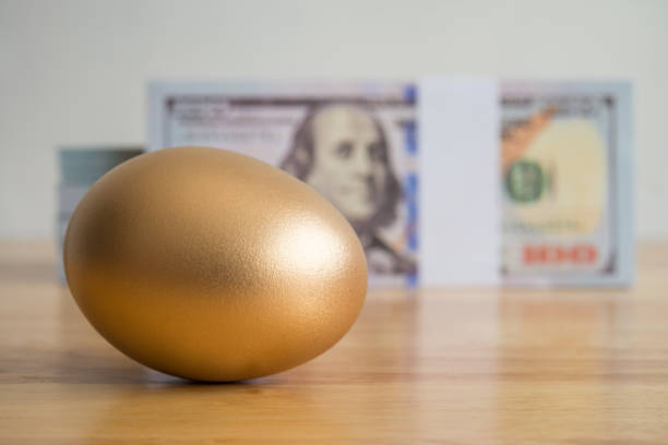 istock Bright golden egg with US dollar bill cash banknotes background. 1605307640