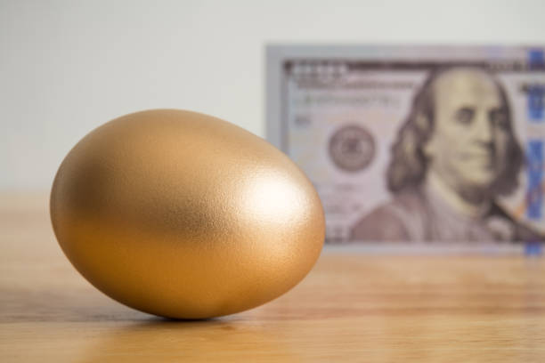 istock Bright golden egg with US dollar bill cash banknotes background. 1605307651
