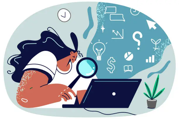 Vector illustration of Woman use magnifier for computer search